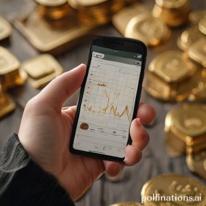 A person's hand holding a smartphone with the Tring by Pegadaian app open, showing a gold chart and balance. In the background, there's a subtle image of gold bars or coins. The overall aesthetic is clean, modern, and trustworthy.