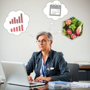 A professional-looking person, likely a PNS, sitting at a desk with a laptop and papers, looking thoughtful. Above their head, there are thought bubbles showing financial planning charts, a calendar counting down, and an image of a hobby like gardening or painting. This visual represents the planning aspect of retirement.