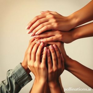 A series of hands stacked on top of each other, symbolizing trust and collective responsibility. Each hand is from a different individual, representing diverse roles working together for a common goal. Warm, inspiring colors.