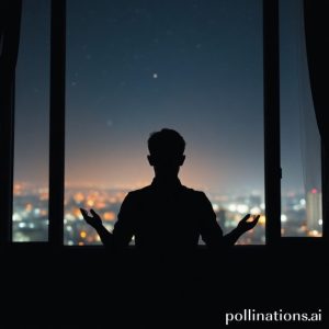 A silhouette of a person meditating or praying by a window at night, looking out at a starry sky or city lights. The atmosphere is serene and hopeful.