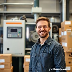 A small business owner smiling confidently in front of a new industrial machine, surrounded by boxes, symbolizing business growth achieved through leasing.
