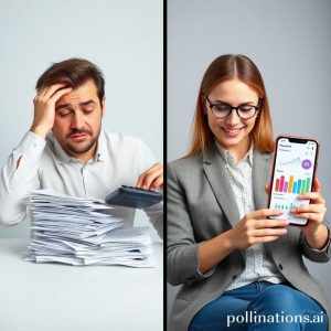 A split image showing two scenarios: on one side, a frustrated person manually calculating expenses with piles of paper and a calculator; on the other side, a calm person effortlessly tracking finances on a smartphone app with colorful, easy-to-understand dashboards.