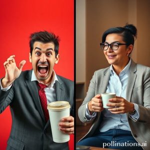 A split image or comparison. On one side, a frantic salesperson aggressively pushing products (hard selling) with a red, urgent background. On the other side, a calm, smiling person engaging in a friendly conversation, offering advice (soft selling) with a warm, inviting background, perhaps holding a cup of coffee.