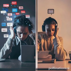 A split image. One side shows a person looking stressed with many notifications popping up on their phone. The other side shows the same person calm and focused, with a clean desk, using noise-cancelling headphones, and their phone on 
