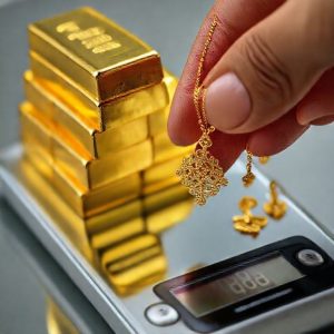 A stack of gleaming gold bars next to a small, intricate gold necklace and matching earrings, symbolizing both investment and adornment. A hand is gently weighing the necklace on a digital scale.