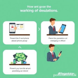 A step-by-step visual representation showing the process of pawning a phone at Pegadaian, from presenting the ID and phone to receiving cash, with a friendly Pegadaian officer assisting.