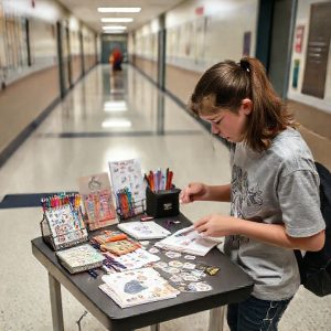 A teenage student diligently organizing a display of unique and custom stationery items, such as character pens, aesthetic notebooks, and personalized stickers, on a small table inside a school hallway.