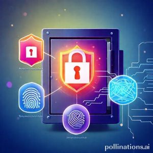 A vibrant illustration depicting various security features: a digital shield icon, a lock icon, biometric fingerprint/face scan, and encrypted data represented by intertwined digital lines. A secure vault/safe is subtly in the background, representing the robust 