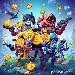 A vibrant illustration of various video game characters (fantasy, sci-fi, strategy) holding cryptocurrency coins and NFT tokens, symbolizing 