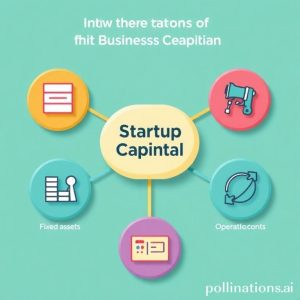 A vibrant infographic showing different components of initial business capital (fixed assets, variable costs, operational costs, contingency fund) represented by distinct icons, with arrows connecting them to a central