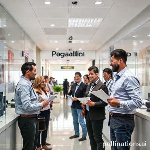 A vibrant, modern Pegadaian office interior with friendly staff assisting customers, some holding documents, with a clear sign 