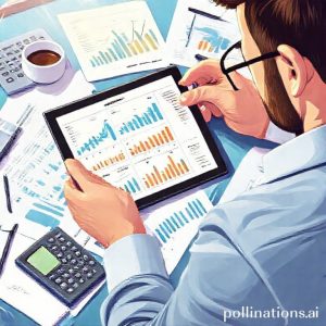 A vivid illustration of a business owner looking at a detailed financial report on a tablet, with various graphs and charts showing healthy business growth, surrounded by a calculator, pen, and coffee.