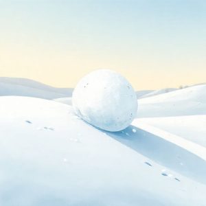 A whimsical illustration of a snowball rolling down a gentle hill, gathering more snow and getting larger as it goes. The background shows a calm, long-term landscape, symbolizing compound interest over time.