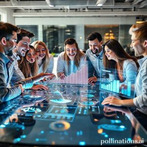 A young, diverse group of people collaborating enthusiastically around a large, futuristic table with holographic projections displaying business analytics and digital marketing strategies. One person points at a graph, showing growth. The setting is a modern, brightly lit co-working space, symbolizing the innovative spirit of a startup digital team.
