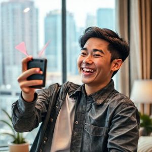 A young, energetic Indonesian man or woman happily filming a short video on their smartphone, with various TikTok UI elements subtly overlaid, suggesting creativity and potential. The background is a vibrant, modern city scape or a cozy home studio setup.