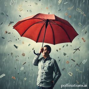 An analogy of a person holding a large umbrella to shield themselves from a storm of falling currency symbols, commodity graphs, and interest rate percentages. The person looks calm and protected.