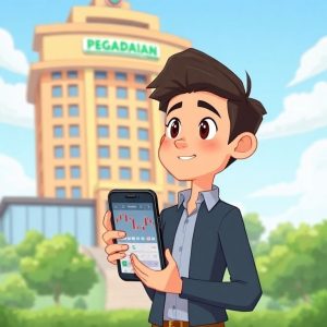 An animated scene depicting a person holding a smartphone showing stock charts, with a large, friendly Pegadaian building in the background. The person looks confident and thoughtful, perhaps considering financial options.