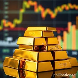 An array of gold bars of different sizes, stacked neatly with a blurred background of financial charts and glowing digital numbers, symbolizing investment and wealth. The gold bars are polished and reflect light beautifully.