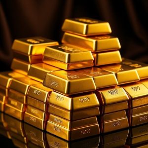 An array of shiny gold bars neatly stacked against a dark, luxurious background. The bars have clear stamps indicating purity (999.9) and weight. The lighting is dramatic, highlighting the metallic sheen.