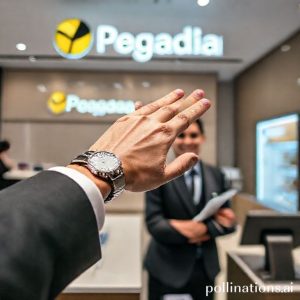 An elegant hand wearing a luxury watch (like a Rolex or Omega) extending towards a cashier at a modern Pegadaian branch, with a friendly staff member smiling. The setting is clean and professional.