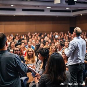 An energetic crowd of people attending a multi-level marketing (MLM) seminar, with a motivational speaker on stage. The audience looks engaged and hopeful, holding notebooks. Bright lighting and professional setup.