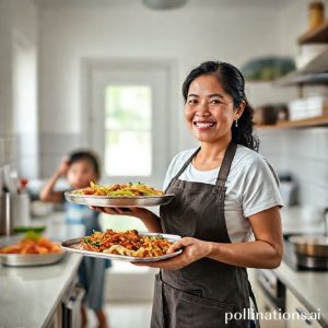 An energetic Indonesian mother managing a small home-based catering business. She's smiling, wearing an apron, holding a tray of delicious food in a clean, bright kitchen. Children are playing happily in the background, subtly, showing work-life balance.