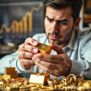 An engaging image of a person carefully examining a gold bar, with various gold jewelry items scattered around. The person has a thoughtful expression, symbolizing careful decision-making in selling gold. In the background, there's a blurry chart showing upward gold price trends.