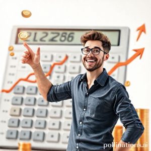 An enthusiastic young man standing in front of a giant calculator, happily pointing at a graph showing increasing financial returns, with coins and growth arrows floating around him. The background is bright and optimistic, representing financial growth.