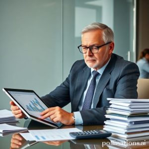 An experienced loan officer (male, 40s, sharp suit) sitting at a desk with a serious but thoughtful expression, reviewing financial documents and graphs on a tablet. There are stacks of papers and a calculator on the table. The background shows a modern office environment.