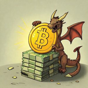 An illustrated image showing a gold coin acting as a shield protecting a stack of fiat currency from a dragon symbolizing inflation. The coin has a glow around it, and the dragon is frustrated.