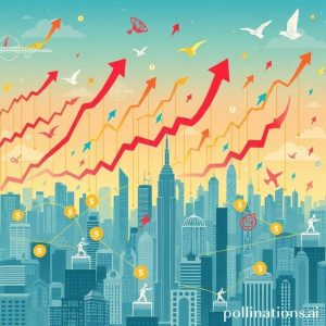 An illustration depicting a vibrant capital market with various financial instruments like stocks (upward arrow graphs), bonds, and mutual funds, seamlessly flowing through a complex network, connecting corporations seeking funding with individual and institutional investors. The background shows iconic city skylines with modern buildings, symbolizing economic development. The overall mood is dynamic and optimistic.