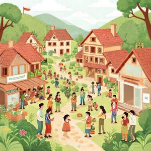 An illustration depicting various types of cooperatives (consumer, producer, savings and loan, service) in a bustling village setting, with people happily interacting and benefiting from the cooperative activities. The style should be modern and friendly, emphasizing community and collaboration.