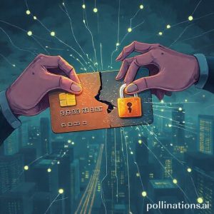 An illustration depicting a credit card being targeted by digital hands, with data flowing out and a padlock symbol partially broken. The background shows a dimly lit, futuristic city with network lines. The overall mood is cautionary and digital-themed.