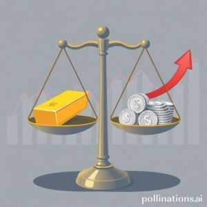 An illustration depicting two scales, one with a shining gold bar and the other with multiple silver coins. The gold scale is slightly lower, indicating stability, while the silver scale has a more dynamic, upward-curving arrow, symbolizing potential growth and volatility. In the background, there's a graph showing fluctuating prices.