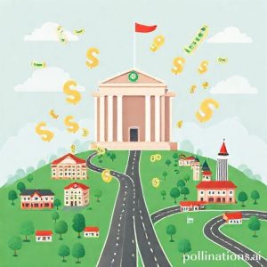 An illustration depicting money (rupiah symbols) flowing from a central government building to various local government buildings and infrastructure projects (schools, roads), symbolizing the flow of funds from opsen tax.