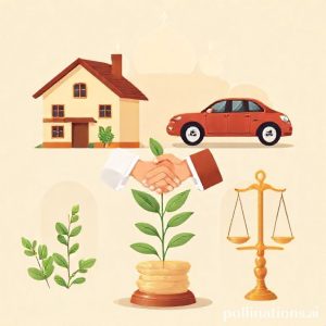 An illustration depicting various Islamic finance concepts: a house (murabahah), a car (ijarah), two people shaking hands over a growing plant (mudharabah/musyarakah), and a scale balancing money (justice). The overall aesthetic is warm, modern, and trustworthy, with subtle Islamic architectural elements in the background.