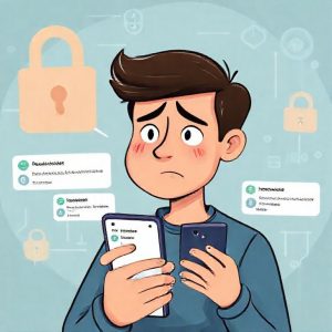 An illustration of a worried person looking at their phone with multiple notifications about unknown transactions and a decreasing bank balance. The background shows a padlock icon and digital security elements.