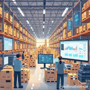 An illustration of a bustling e-commerce warehouse with workers scanning barcodes on boxes, digital dashboards showing real-time inventory levels, and a central computer screen displaying an inventory management system interface. The overall mood is modern, efficient, and dynamic.