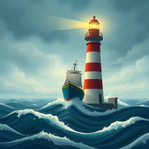 An illustration of a lighthouse guiding a ship through stormy seas, symbolizing business ethics as a guide through challenges. The lighthouse emits a warm, bright light.