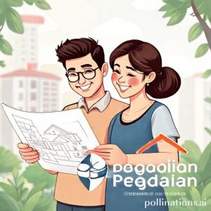 An illustration of a modern Indonesian family looking at a house blueprint with a confident smile, while next to them is a stylized Pegadaian logo, symbolizing financial support for home renovation or business capital. The background shows a blend of urban and natural elements, suggesting security and progress.
