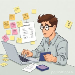 An illustration of a person meticulously calculating expenses on a laptop with a calculator and many sticky notes around, depicting the detailed process of figuring out initial capital for a business. The person looks focused and determined.