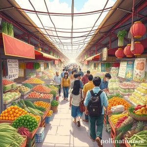 An illustration of a bustling traditional market with many vendors selling similar products like fresh vegetables and fruits, and many buyers browsing. The atmosphere is vibrant and competitive.