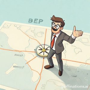 An illustration of a person confidently charting a course on a business map with a compass, representing Break Even Point (BEP) as a guide for business. The map shows 