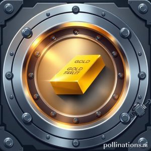 An illustration of a gold bar with shining effects, securely placed inside a large, futuristic safe or vault with a Pegadaian logo subtly visible. The safe is robust, made of steel, and has multiple locks, symbolizing high security.