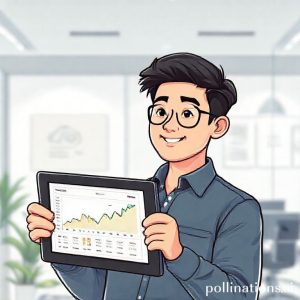 An illustration of a person confidently looking at a tablet showing a financial chart and a motorcycle BPKB document. The background features a clean, modern Pegadaian office interior. The person looks optimistic and in control of their finances.