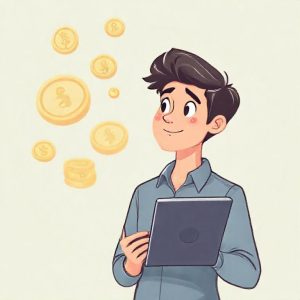 An illustration of a person holding an iPad, looking thoughtful, with a subtle background of coins or money symbols, representing quick cash or a financial solution. The tone should be optimistic and modern.