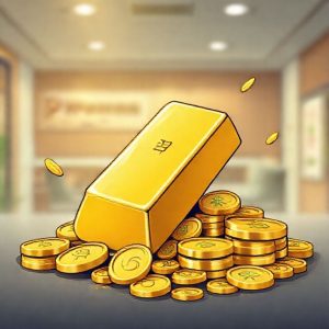 An illustration of a gold bar with money coins surrounding it, signifying investment and growth. The background is a blurred image of a Pegadaian office.