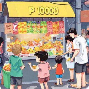 An illustration of a bustling street food stall selling various colorful snacks, with 