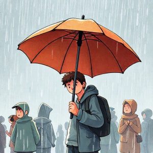 An illustration of a person holding a large umbrella protecting them from rain, while other people around them are getting wet. The person with the umbrella looks calm and prepared.