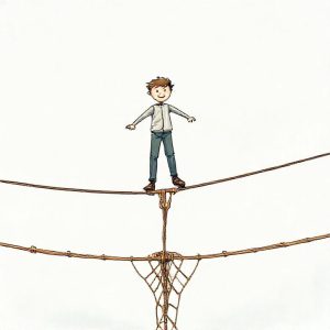 An illustration of a person confidently walking on a tightrope, with a strong, visible safety net below them. The person is smiling, representing peace of mind.